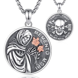 EUDORA S925 Sterling Silver Skull Memento Mori Necklace for Men Women, Santa Muerte Necklaces Holy Death Pendant Amulet Jewelry Original Gift for Women Mens Wife, 22+2inch