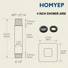 HOMYEP Matte Black Square Shower Arm with Flange, Ceiling Mount Straight Shower Head Extension Arm, Stainless Steel, 4 Inch