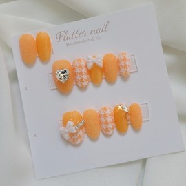 Orange Lovely Hound Check Handmade Nail Tips - Petit Round / 오렌지 러블리 하운드체크 수제네일팁 - 쁘띠라운드