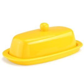Yedio Ceramic Butter Dish with Lid for Countertop Refrigerator, 8 Inch Butter Holder with Porcelain Cover Knob Handle for East West Coast Butter Stick, Yellow