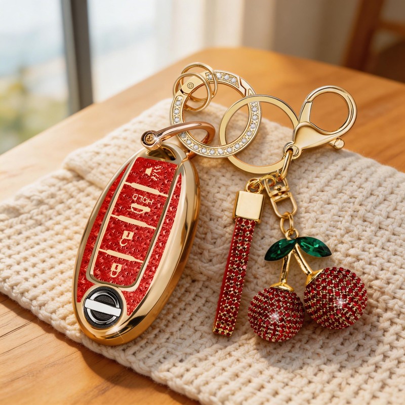 Yekoubo Key Fob Cover with Cherry Keychain, Soft TPU Smart