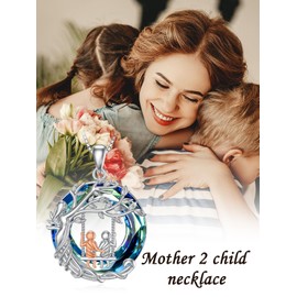 TOUPOP Birthday Gift for Mom Mothers and 2 Children Necklace Sterling Silver Family Tree of Life Pendant with Blue Crystal Jewelry for Mom Mother Women Anniversary Christmas Mothers Day Gifts