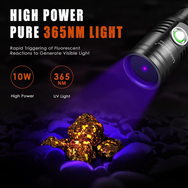 UniqueFire 1602-365nm UV Black Light Flashlight, High Power USB-C Rechargeable