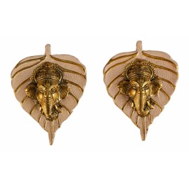 Charmy Crafts Ganesha de metal pequeño sobre hoja, para colgar en la pared, decoración de la habitación, mejor inauguración de la casa, artículo de regalo para decoración de pared, juego de 2 (acabado dorado soleado) (rosa ostra)