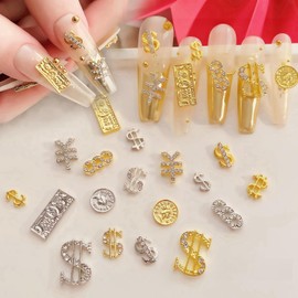 36Pcs Metal Money Dollar Nail Charms 3D Silver Gold Nail Rhinestones Shiny Luxury Money Sign Design Alloy Dollar Nail Art Gems Alloy Design for Women Girls Nail Decoration for DIY Acrylic Nails