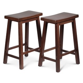 PJ Wood Classic Saddle-Seat 24" Tall Kitchen Counter Stools for Homes, Dining Spaces, and Bars w/Backless Seats, 4 Square Legs, Walnut (Set of 4)