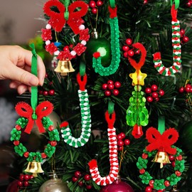 AWHETIE Christmas Crafts for Adults,55 Sets Christmas Beaded Ornament Kit,Including 20 Pcs Christmas Wreath with Bell/5 Pcs Tree/30 Pcs Candy Cane,Holiday Tree Decorations Party Supplies