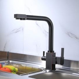 QQAMOGNNK 3 In1 Kitchen Faucet with Drinking Filtered Water Outlet, 360° Swivel High Arc Water Filter Purifier Solid Brass Cold and Hot Water Mixer Tap with 2 Handles,Black (Color : Black)
