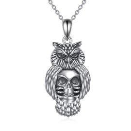 VONALA Owl Necklace Sterling Silver Skull Skeleton Pendant Necklace Gothic Necklace Goth Jewellery Gift for Women Men Girls Boy