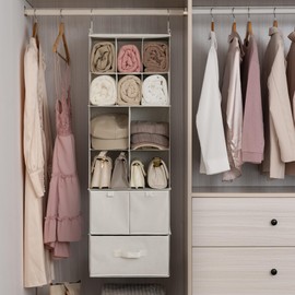 GRANNY SAYS Hanging Closet Organizer with Drawers, 6 Shelf Dividers Closet Hanging Organizer, Foldable Hanging Shelves for Closet, Portable Closet Organizers and Storage for Dorm Room, Beige