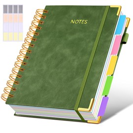 Hardcover Spiral Notebook journal with Removable Dividers Tabs, 300 Pages Leather 5 Subject Notebook College Ruled, 100GMS A5 Notebooks for Work School Note taking,Lined Journal for Women,A5-Green