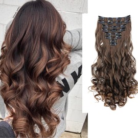 PRETTYSHOP XXL Set 8 pcs 24" Clip In Hair Extensions Full Head Hairpiece Wavy Curled Or Straight Heat-Resisting Div. Colors (brown mix curled #4T30 CES12-1)