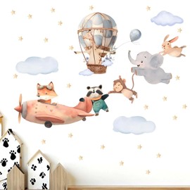 Animals Airplane Wall Stickers for Nursery: Baby Kids Bedroom Wall Decals - Aircrafts Hot Air Balloon Elephant Fox Giraffe Monkey