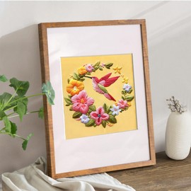 FONNUY Embroidery Kit for Beginners, Hummingbird Flowers Pre-Stamped Pattern Kits for Adults with Hoop, Easy to Follow Color Thread Needlework, 8'' Hoop (Yellow)