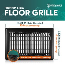Shoemaker 6x10 Floor Register – Black Heavy Duty Metal Floor Vent Cover for Home Floors - Premium Forced Air Vent Covers