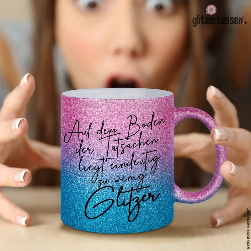 glitzertassen.de® On the floor of the facts, cup with glitter,