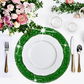 Green Placemats Round Placemats Glitter Sparkle Placemats for Kitchen Table Mats Place Mats for Kids Chrismats Placemats for Weeding Party -15.4 inch Placemats Set of 6