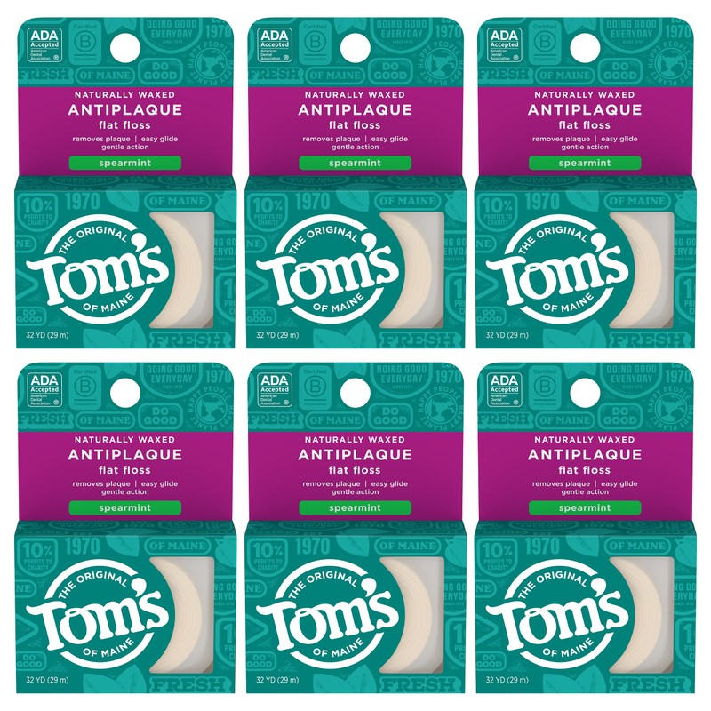 Tom's of Maine Naturally Waxed Antiplaque Flat Dental Floss, Spearmint,