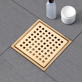 SaniteModar Shower Drain, 6 inch Shower Floor Square Drain with Flange, Removeable Grid Panel SUS 304 Stainless Steel Square Shower Drain, Brushed Gold