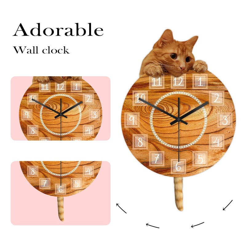 Timethink Cat Clock with Moving Tail, Orange, Analog, Unisex, 12"