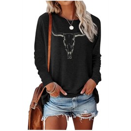 Boho Cow Skull T Shirts for Women Vintage Cowgirls Western Rodeo Graphic Tshirts Country Music Concert Tees Tops Outfits(Small,Cow Skull Black)