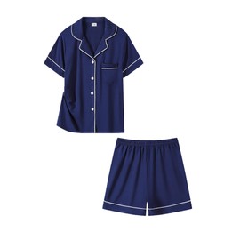 DIKFA Pajamas for Girls Child Button-Down Pjs 2 PCS Lounge Sets Classic Sleepwear Navy Blue 130CM