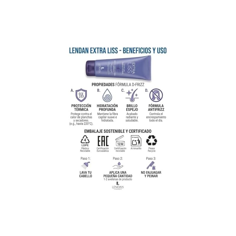 Lendan Crema Intensiva Leave-In, Fórmula D-Frizz Antifrizz, Protección Térmica, 150