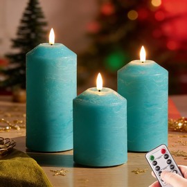 Eywamage Turquoise Blue Flameless Pillar Candles with Remote, Flickering LED Candles Battery Powered Real Wax Set of 3