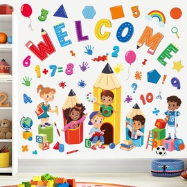 wondever Reading Corner Kids Pencils Wall Stickers Equality Theme Numbers Shapes Peel and Stick Wall Art Decals for Classroom Playroom Kids Room