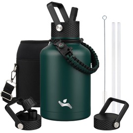 Konokyo Insulated Water Bottle with Straw,50 oz 3 Lids Water Jug with Carrying Bag,Paracord Handle,Double Wall Vacuum Stainless Steel Metal Flask,Dark Green