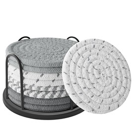 Lazebox Coasters Set of 8 for Drinks, Beer, Coffee, Cotton Woven 4 Colors Absorbent Coaster with Holder, Boho Coasters for Home Decor Tabletop Protection Suitable for Kinds of Cups