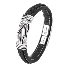 To My Son Bracelet, Forever Linked Together Braided Magnetic Closure Leather Bracelet, Men's Stainless Steel Bracelet Knot Cuff Wristband, Son Grandson Back to School Gifts from Mom (Black)