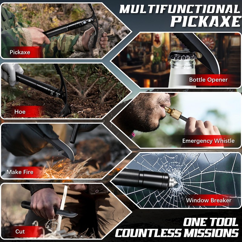 FUSIONKEI Pick Axe 8 in 1, Folding Pickaxe Mattock with