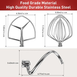 Stainless Steel Stand Mixer Attachments 3-Piece (7QT Flat Beater, 7QT Dough Hook, 7QT 6-Wire Whip Attachment) for KitchenAid Lift Stand Mixer and 7 Quart Bowl, Dishwasher Safe