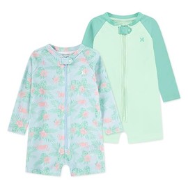 Hurley Unisex Baby 2-Pack Long Sleeve Rash Guard Coverall, Flamingo/Green