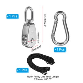PATIKIL M20 Single Pulley Block, 1 Set 304 Stainless Steel Wire Towing Wheel Lifting Crane Swivel Hook with Nylon Pulley Rope & M5x50 Snap Hook, Loading 75KG/165LBS