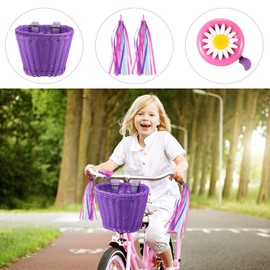 Children's Bicycle Basket, Braided Bicycle Basket for Girls and Children, Front, Plastic, with Leather Straps, Streamers, Bell, Bicycle Decoration Accessory Set for Girls