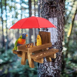 Squirrel Feeder Table with Umbrella, Wooden Squirrel Picnic Bench Feeder with Umbrella and Corn Rack, Garden Ornaments for Squirrel Chipmunk Wildlife Bird Feeder - Includes Mount Screws