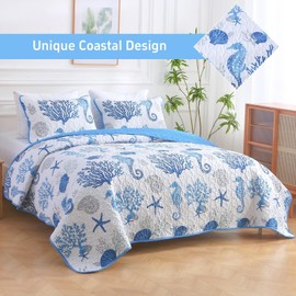 Heymybed Coastal Quilt Set King Size, 3 Pieces Blue Bedspread Coverlet with 2 Pillow Shams, Soft Microfiber Reversible Summer Beach Quilt Bedding Set for All Season 106"×92"