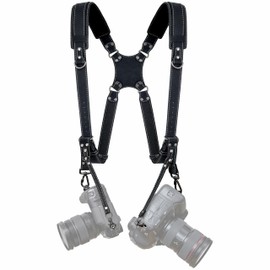 Padwa Lifestyle Black Frosted Dual Camera Harness Strap with Padded for Two Cameras -Full Grain Leather Dual Camera Harness,Multi Camera Gear for DSLR/SLR Strap,Double Camera Harness for Photographers