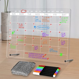 Acrylic Dry Erase Calendar Board to Do List Desktop Clear Memo Note Board, 9x13 Tabletop Whiteboard with Stand for Office, Home, School, Includes 6 Dry Erase Markers White