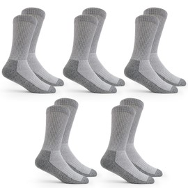 Fruit of the Loom Work Socks for Men - Cotton Grey Crew Socks 5 Pack, Thick Cushioned Boot Socks, Heavy Duty, Shoe Size 6-12