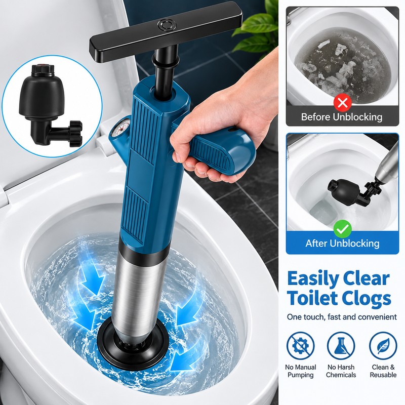 Electric Toilet Plunger for Drain Unclogging – 7–8 Bar Air