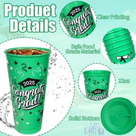 12 Pieces 2025 Graduation Plastic Cups with Lids and Straws 24 Oz Reusable Graduation Plastic Drinking Cup Class of 2025 Graduation Party Supplies for Graduation Hot Cold Drink Decorations (Green)