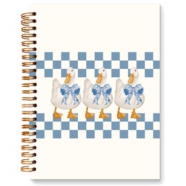 JXREQ Chinoiserie Coquette Bow Duck Notebook, Blue and White Checkered Duck Journal, Preppy Aesthetic Journal for Women, Coquette Office Supplies, Girly Farm Animal Spiral Notebook 5.5x8.3