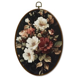 JQF Vintage Floral Oval Wall Decor, Cottagecore Moody Flower Oval Canvas Wall Art, Farmhouse Retro Floral Framed Prints Hanging Decor for Home Bedroom Living Room, 8.5x11.5 Inch