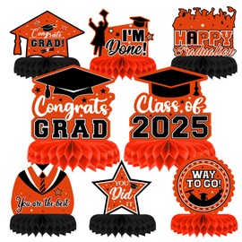 8 Pieces Class of 2025 Graduation Table Decorations - 2025 Congrats Grad Honeycomb Centerpieces, Graduation Table Toppers Decor for 2025 Graduation Party Decorations Favor Supplies, Orange