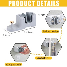 NiceForU Mop Holder with Hook Wall Mount Broom Gripper, Self Adhesive Anti-Slip Handle Hanger, Dustpan and Broom Organizer