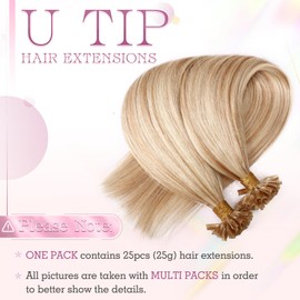 Elailite Bonding Extensions Real Hair Ash Blonde Mix Bleach Blonde 25 Strands 25 g Hair Extensions Straight U-Tip Keratin Hair 40 cm #18P613