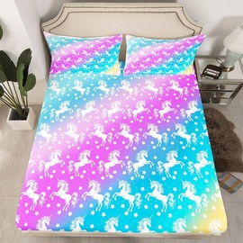 Homemissing Unicorn Fitted Sheet Single Size For Kids Girls Teens Cute Unicorn Bedding Set Rainbow Gradient Pink Blue Bed Cover with 1 Pillowcase，No Flat Sheet